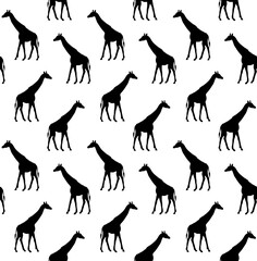 Vector seamless pattern of flat hand drawn giraffe silhouette isolated on white background
