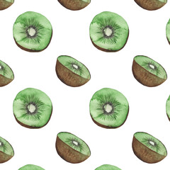 Fototapeta premium Tropical pattern. Exotic pattern. Tropical fruit pattern.Watercolor print on white background.Kiwi pattern.