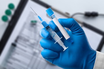 Blood sample tube for analysis Test. Blood tube test with requisition form