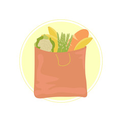 Shopping paper bag, ecological food storage, vegetables, shopping, icon, sticker, vector