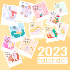 Square Calendars with illustrations of rabbits for each month of the year, a calendar for 2023, a monthly calendar with cute drawings of a character doing different actions