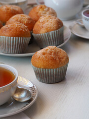 Breakfast with muffins and tea