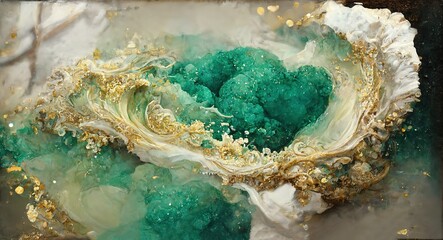 Watercolor green art background. Dusty green and golden geode frame. Wallpaper design with floral paint brush line art. 3d render
