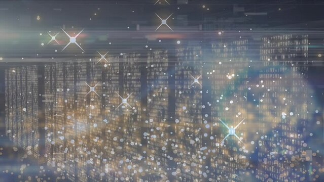 Animation of glittering particles moving on data processing on digital interface