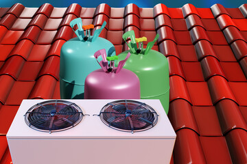 Freon for air conditioners. Cylinders with Freon gas. Split system on roof building. Concept...
