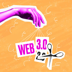 Surreal conceptual poster. Human hand offers to make a choice between two words. Concept of choice,...
