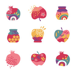 Rosh Hashana, Jewish holiday icons with abstract patterns. Apple, honey, pomegranate, flowers and leaves, Jewish New Year symbols and icons. Vector illustration