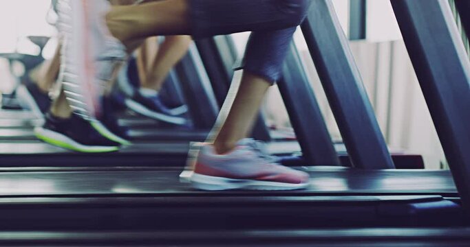 Closeup group of active fitness trainers shoes running in indoor sports gym exercising on treadmill machine. Athletes training together in jogging workout exercise leading a healthy lifestyle