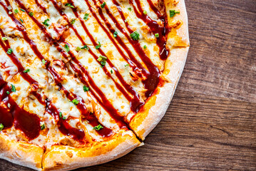 Fototapeta Pizza with cheese, chicken and barbeque sauce obraz