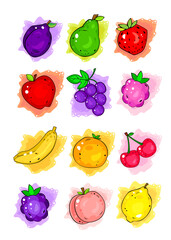 Cute fruit summer collection of stickers. Cartoon element for your food design. Healthy food concept. Vegan, vegetarian and diet, sport food. Smoothies and juices, jams.