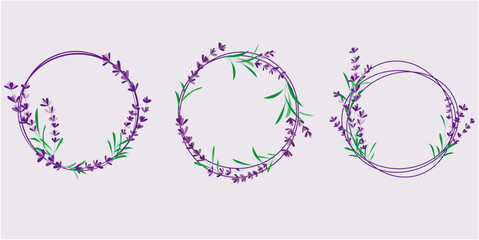  Set of Flower Wreath elements. Floral wreath decoration with lavender flower. Seasons Greeting, wedding, thank you message design elements. Vector illustration.