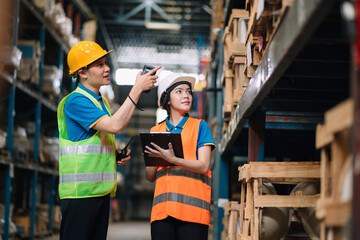Asian two engineer in helmets team order details on tablet and notepad for checking goods with goods background in warehouse..