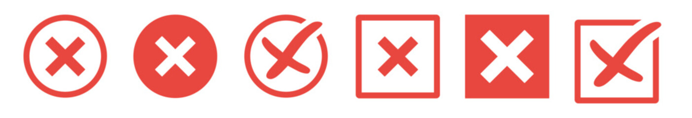 Negative check mark symbol set. Check mark vector icon. Checkmark Illustration. Vector symbols set ,red checkmark isolated on white background. Incorrect vote choise isolated symbol.	