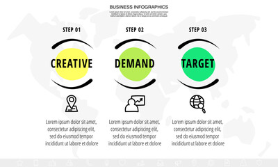 Business vector infographics with three circles. Hand drawn timeline visualization with 3 steps for diagram, flowchart, banner, presentations, web, content, levels, chart, graphic