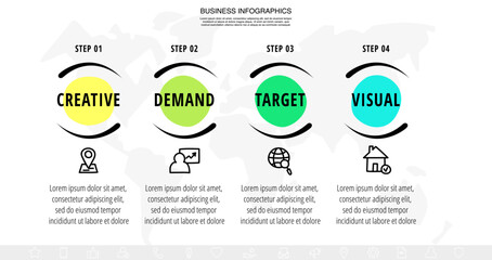 Business vector infographics with four circles. Hand drawn timeline visualization with 4 steps for diagram, flowchart, banner, presentations, web, content, levels, chart, graphic