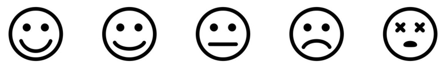 Emoji icon set of satisfaction level. Simple feedback in form of emotions in flat style. Customer feedback. Range to assess the emotions Excellent, good, normal, bad, awful symbols Vector illustration