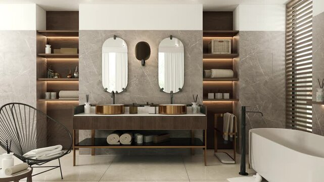 animacja prezentująca nowoczesną przestronną i elegancką łazienkę w r&oacute;żnych wersjach dekor&oacute;w, kolor&oacute;w i wykończeń. 