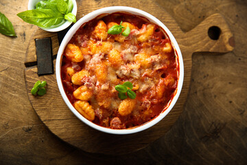 Baked potato gnocchi with tomato sauce and basil