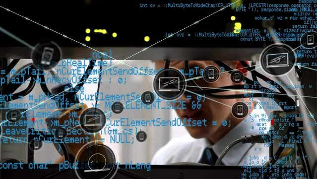 Animation of data processing over caucasian male worker in server room