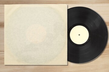 Vinyl record in paper case. Mockup vinyl envelope. Music album sleeve. Music vintage style. Classic...