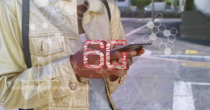 Animation of data processing and 6g text over african american woman using smartphone - Powered by Adobe