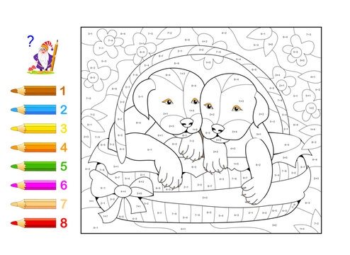 Math education for little children. Coloring book. Mathematical exercises on addition and subtraction. Solve examples and paint the puppies. Developing counting skills. Worksheet for kids.