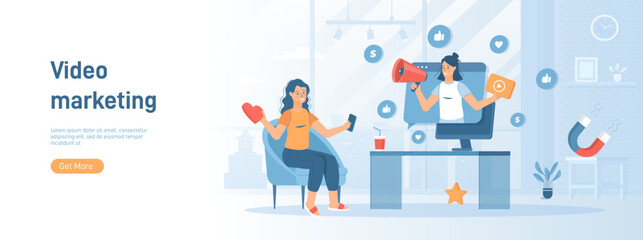 Video marketing. Advertising campaign using viral promo videos, attracting people from social media. Flat concept great for social media promotional material. Website banner on white background.