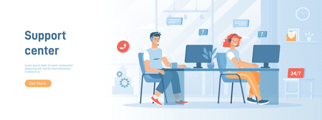 Support center. Online consultants help clients in chats and calls. Call center operators. Flat concept great for social media promotional material. Website banner on white background.