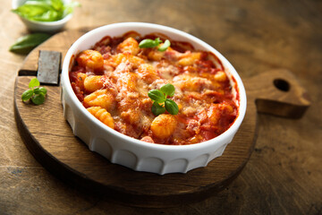 Baked potato gnocchi with tomato sauce and basil