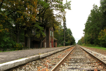 Fototapeta na wymiar House in the forest by the railroad tracks