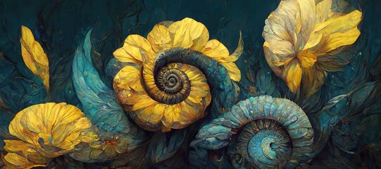 Unusual and strange alien looking ammonite flowers blooming. Surreal floral fantasy forest in gorgeous lapis lazuli blue and yellow colors of the imagination. 