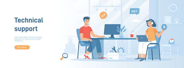 Technical support. Online customer service. Operators in headphones consult clients and solve tech problems. Flat concept great for social media promotional material.Website banner on white background