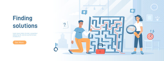 Finding solutions to business problems. Business thinking, strategic decision making. People looks for way out of labyrinth. Flat concept great for social media promotional material. Website banner