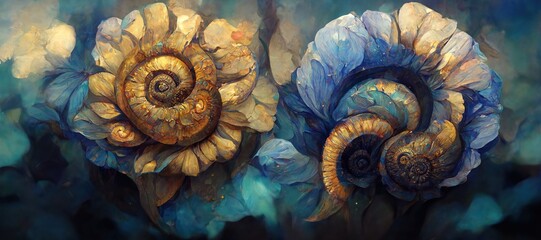 Unusual and strange alien looking ammonite flowers blooming. Surreal floral fantasy forest in gorgeous lapis lazuli and aquamarine blue colors of the imagination.