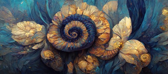 Unusual and strange alien looking ammonite flowers blooming. Surreal floral fantasy forest in gorgeous lapis lazuli and aquamarine blue colors of the imagination.