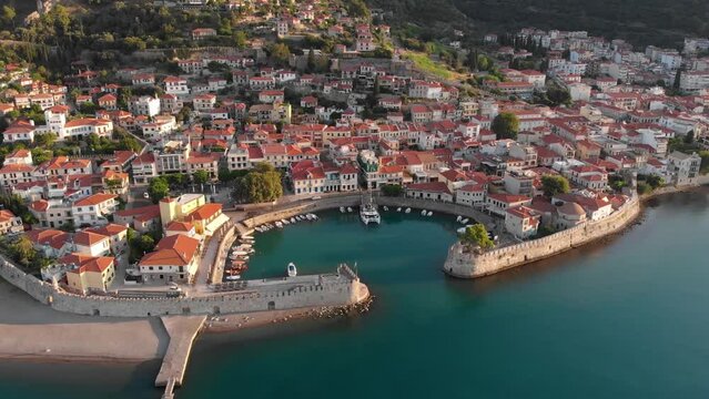 Aerial point of interest shot of Nafpaktos port Greece in the morning