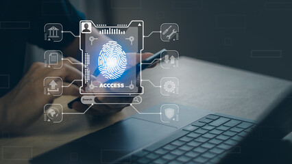 cyber security concept Connecting computer for data transfer. person uses  mobile phone with  fingerprint scan icon on the virtual screen to log in online with internet network. various transactions.