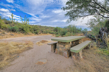 Picnic table with seat near the trail beside the slope with saguaro cactus at Tucson, Arizona