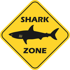Shark zone warning. Sharks sighted danger symbol board. Marine caution sign. Do not swim. Predator attack.