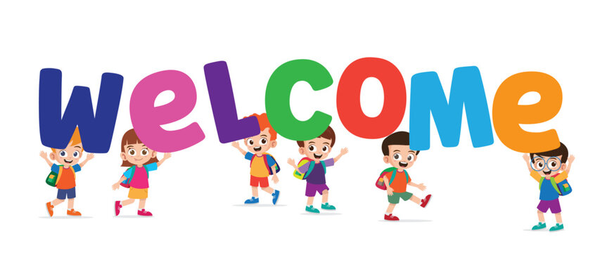 Happy group of kindergarten kids holding a welcome text vector illustration