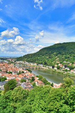 View over Neckar river, Heiligenberg hill and historic old town of Heidelberg in Germany