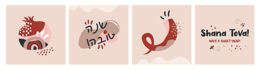 Rosh Hashana, Jewish holiday icons with abstract patterns. Apple, honey, pomegranate and flowers, New Year symbols and icon. Vector illustration