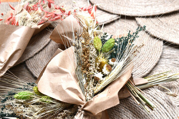 a bouquet of dried flowers of different species