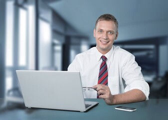 Modern Office Businessman or Manager Working on Computer,. Portrait of Successful IT Software Engineer