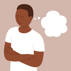 Distressed and offended young man. Bubble empty. Sad unhappy man African American. Frustration, anger and disappointment. Negative emotions. Problem psychology. Flat vector isolated illustration