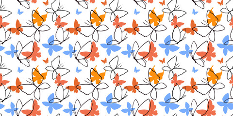 Colorful design of seamless pattern with line and flat butterfly for web, banner, print, textile, greeting card. Vector seamless pattern with beautiful butterfly