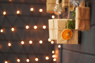 Eco christmas concept with gifts and garland