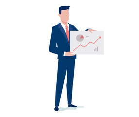 Vector business illustration of business man holding business graph on white color background. Flat style design of man with management diagram