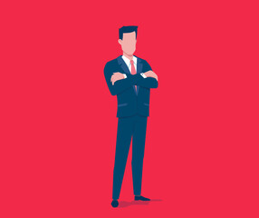 Vector business illustration of business man on red color background. Flat style design of man manager for social media banner