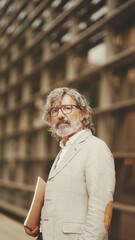 Mature businessman with beard in glasses wearing gray jacket holding folder with business documents is walking down the stairs leaving the business center